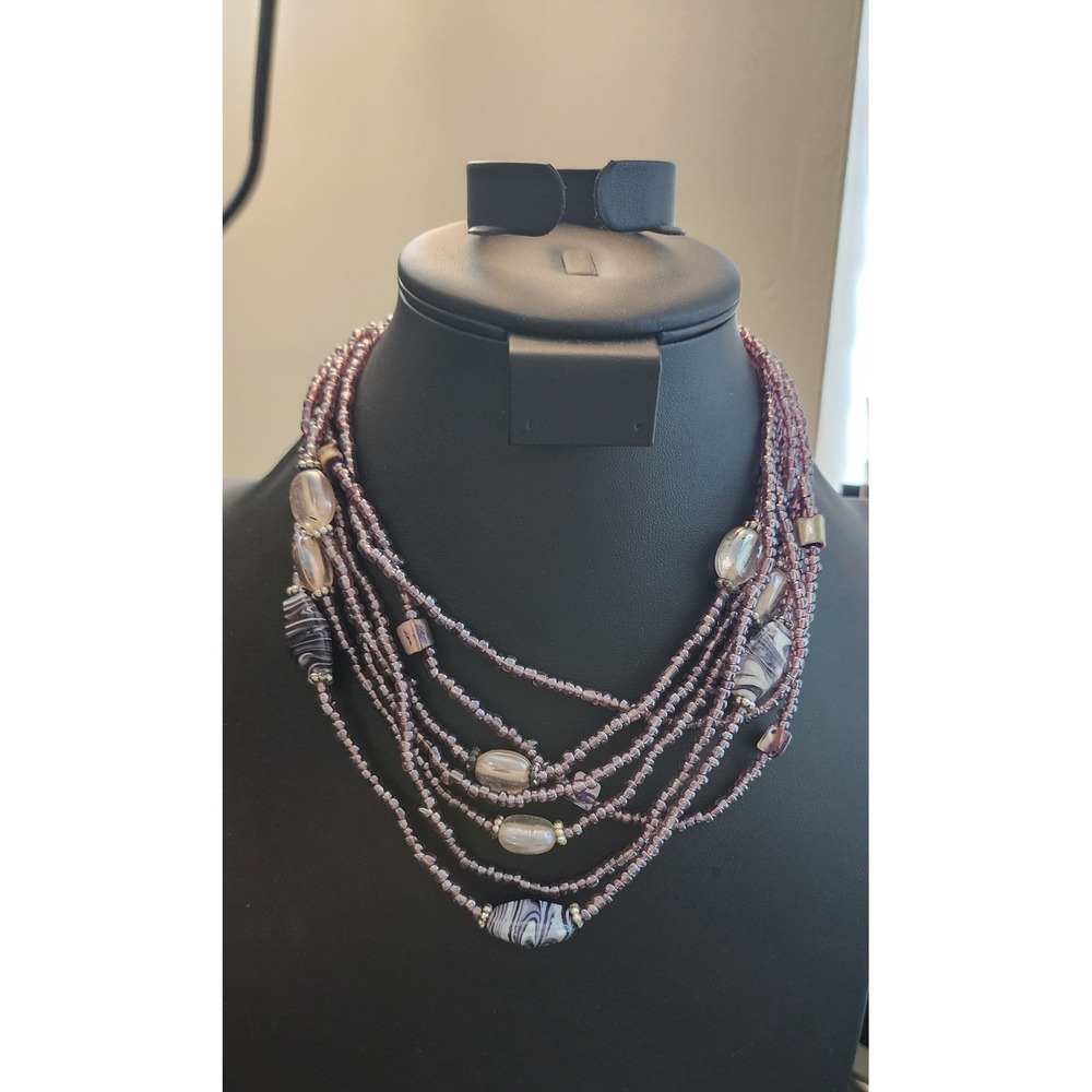 Lavender Multi Strand Seed Bead Statement Necklace Art Glass Accents Purple